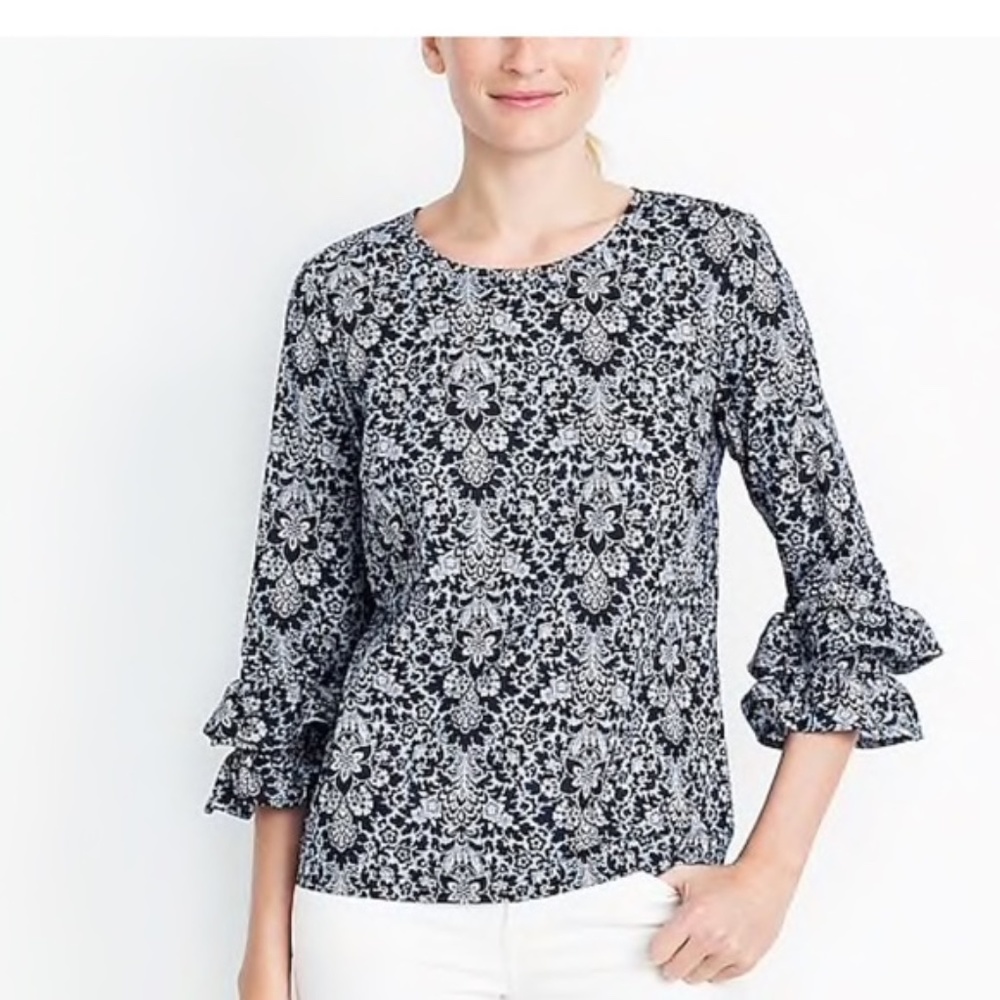 J. Crew Factory Printed Double Ruffle Sleeve Top
